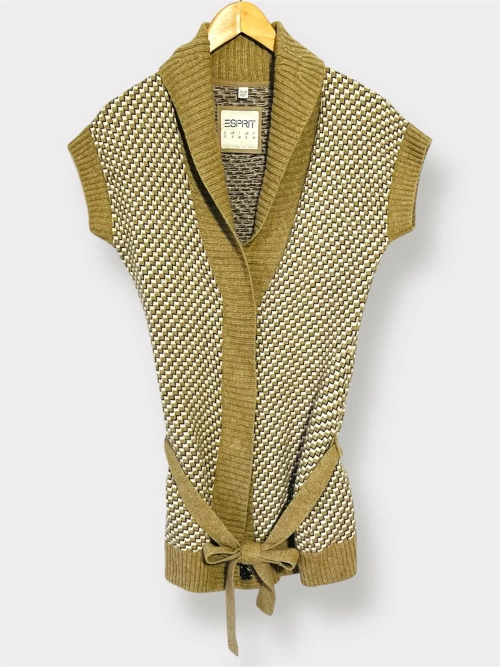 Esprit Y2K Short Sleeve Belted Cardigan Geometric Taupe Cream Black Size S - Picture 4 of 13